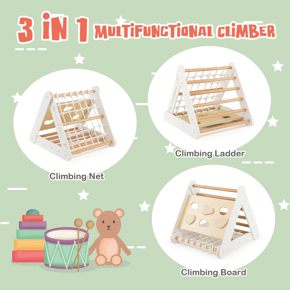 4 in 1 Toddler Wooden Triangle Climber with Ramp and Sliding Board-White