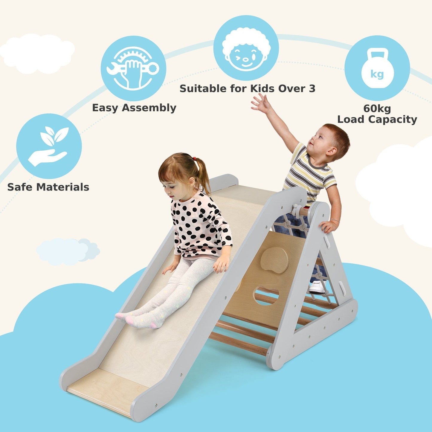 4 in 1 Toddler Wooden Triangle Climber with Ramp and Sliding Board-Grey