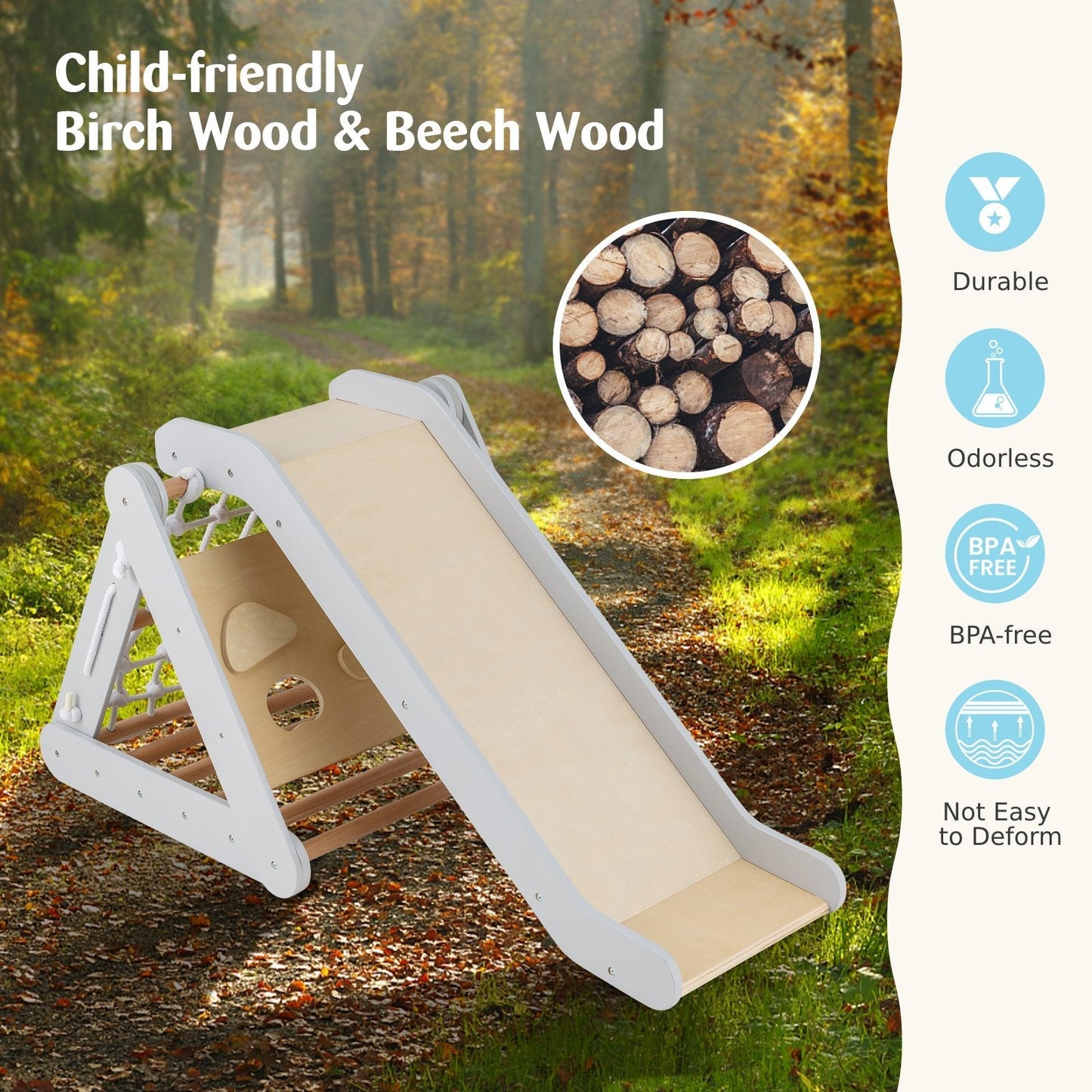 4 in 1 Toddler Wooden Triangle Climber with Ramp and Sliding Board-Grey