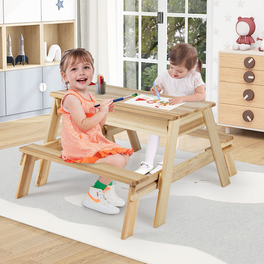4 in 1 Wooden Table and Bench Set with Removable Top and 2 Storage Boxes-Natural