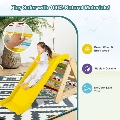 4 in 1 Toddler Wooden Triangle Climber with Ramp and Sliding Board-Multicolor