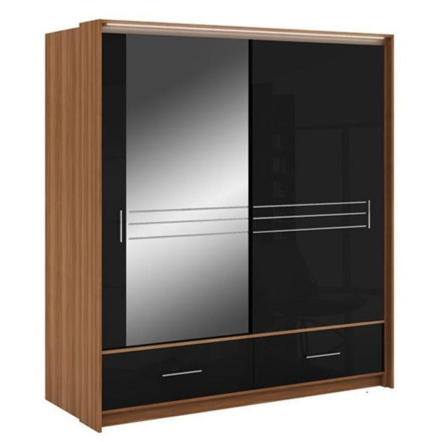 Wiltshire 208cm Sliding Door Wardrobe with Mirror Walnut with 2 Drawers - White Gloss and Black Gloss