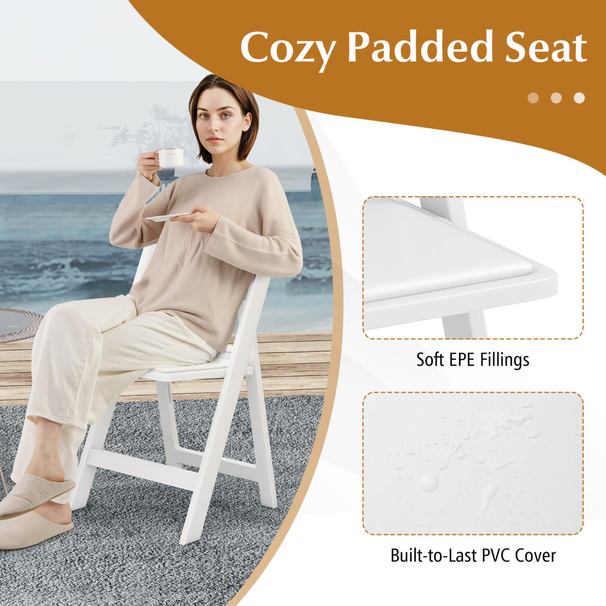 8 Pack All-Weather Folding Dining Chair Set with Padded Seat and Back -White