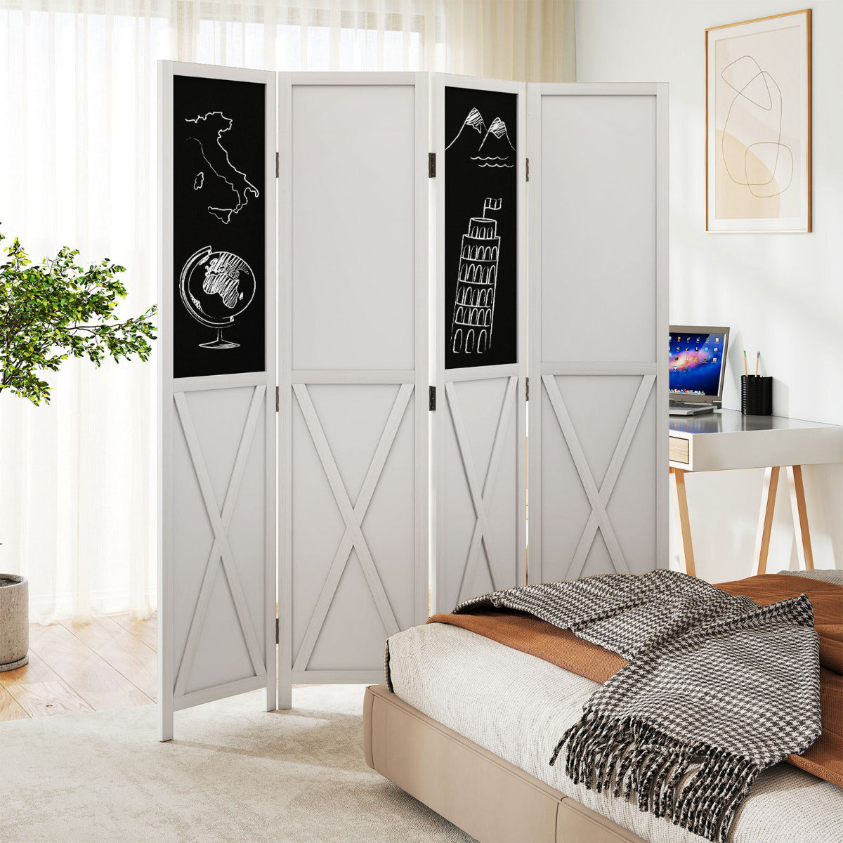 4-Panel Room Divider 170 cm Tall Folding Privacy Screens-White