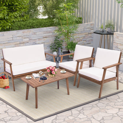 4 Piece Outdoor Conversation Set with Soft Seat and Back Cushions-White