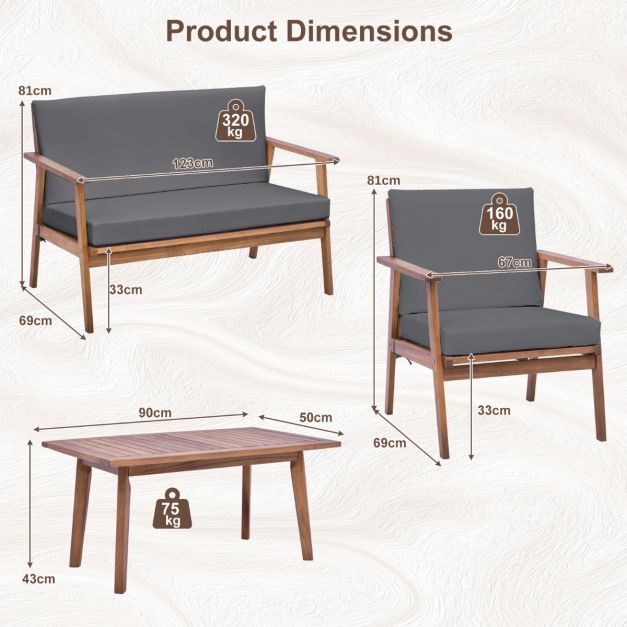 4 Piece Outdoor Conversation Set with Soft Seat and Back Cushions-Grey