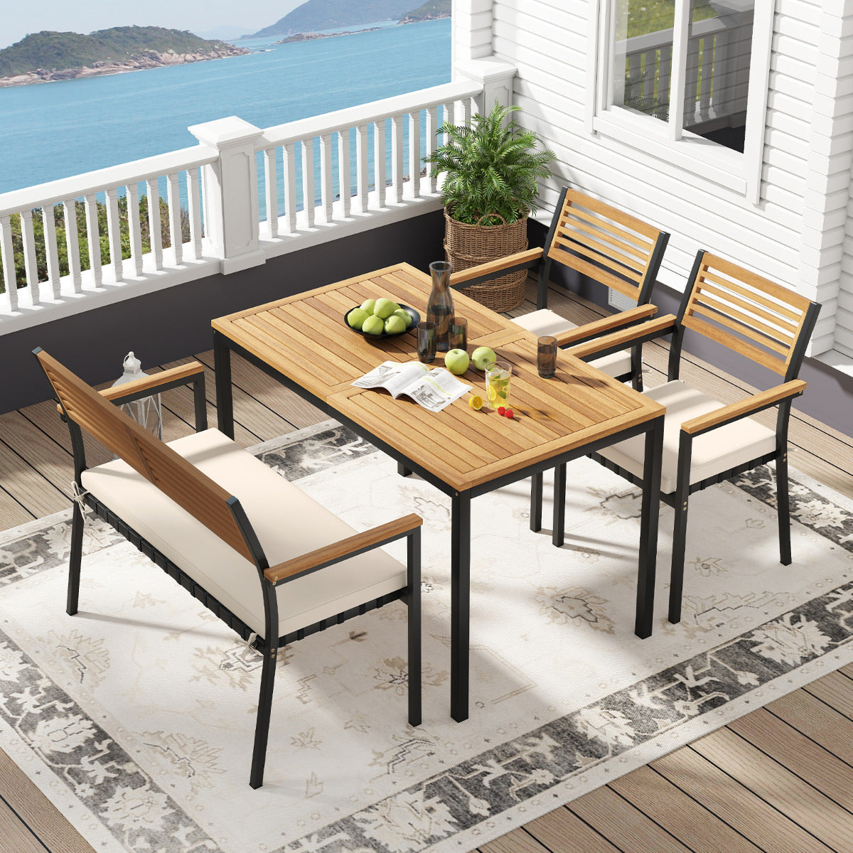 4-Piece Patio Dining Set Outdoor Wood Metal Furniture-White