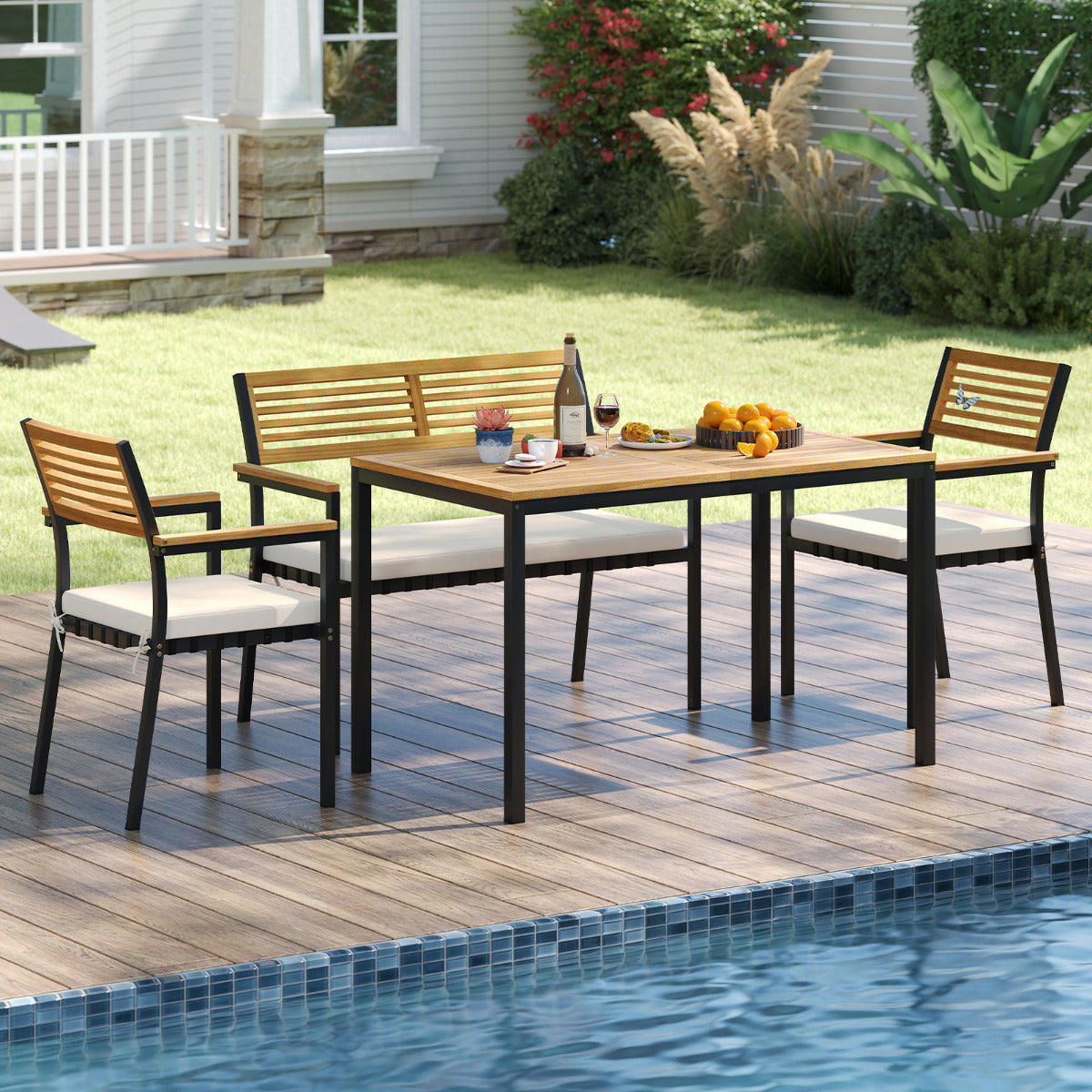4-Piece Patio Dining Set Outdoor Wood Metal Furniture-White