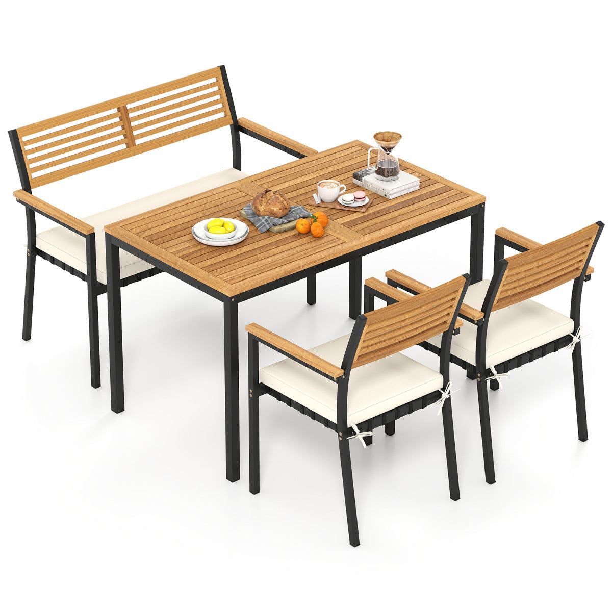 4-Piece Patio Dining Set Outdoor Wood Metal Furniture-White