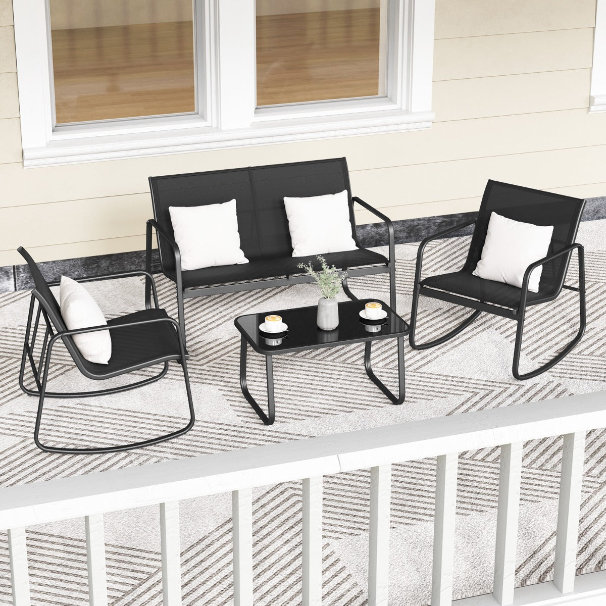 4 Piece Patio Rocking Set with Glass-Top Table-Black