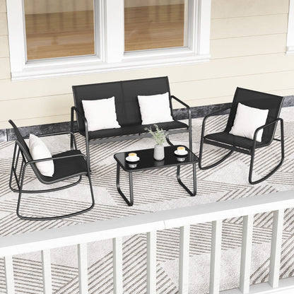 4 Piece Patio Rocking Set with Glass-Top Table-Black