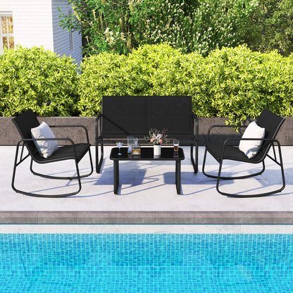 4 Piece Patio Rocking Set with Glass-Top Table-Black