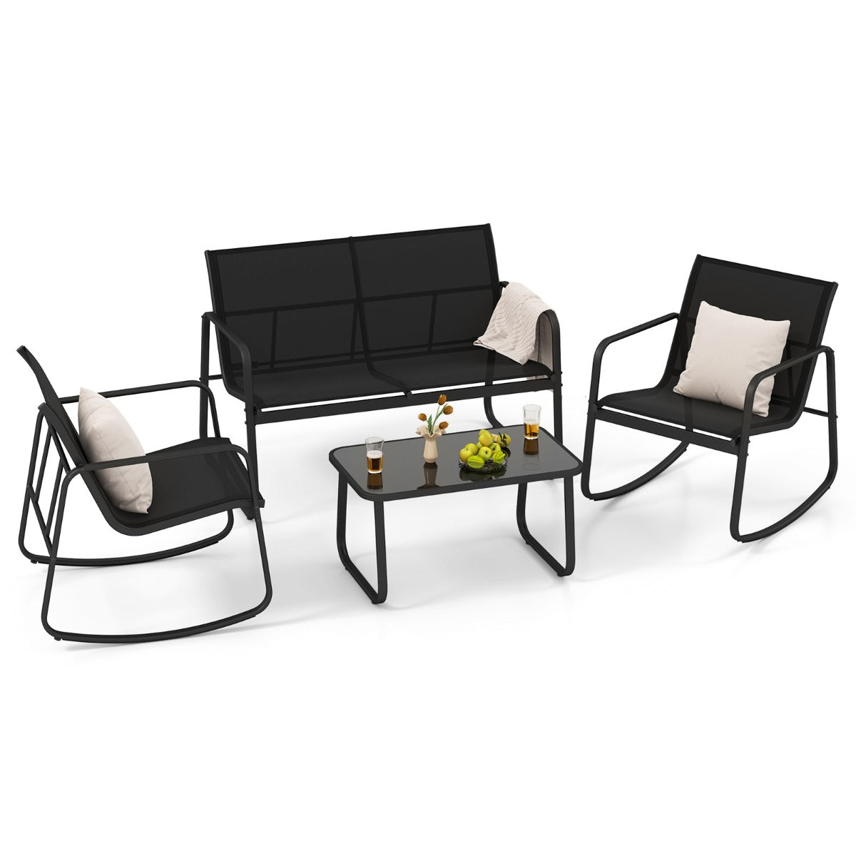 4 Piece Patio Rocking Set with Glass-Top Table-Black