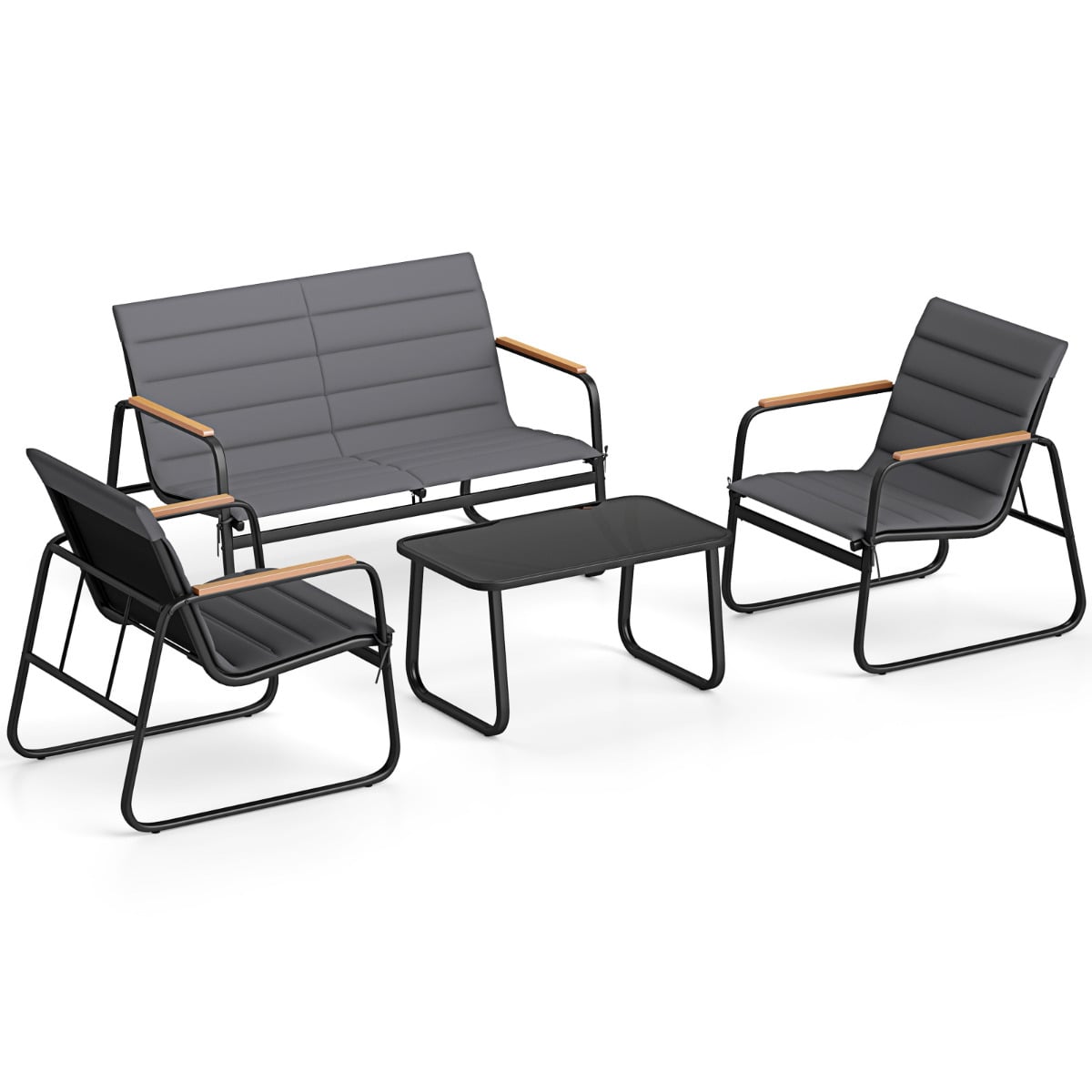 4 Pieces Outdoor Furniture Set with Cushions and Tempered Glass Table-Grey