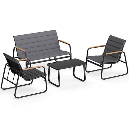 4 Pieces Outdoor Furniture Set with Cushions and Tempered Glass Table-Grey