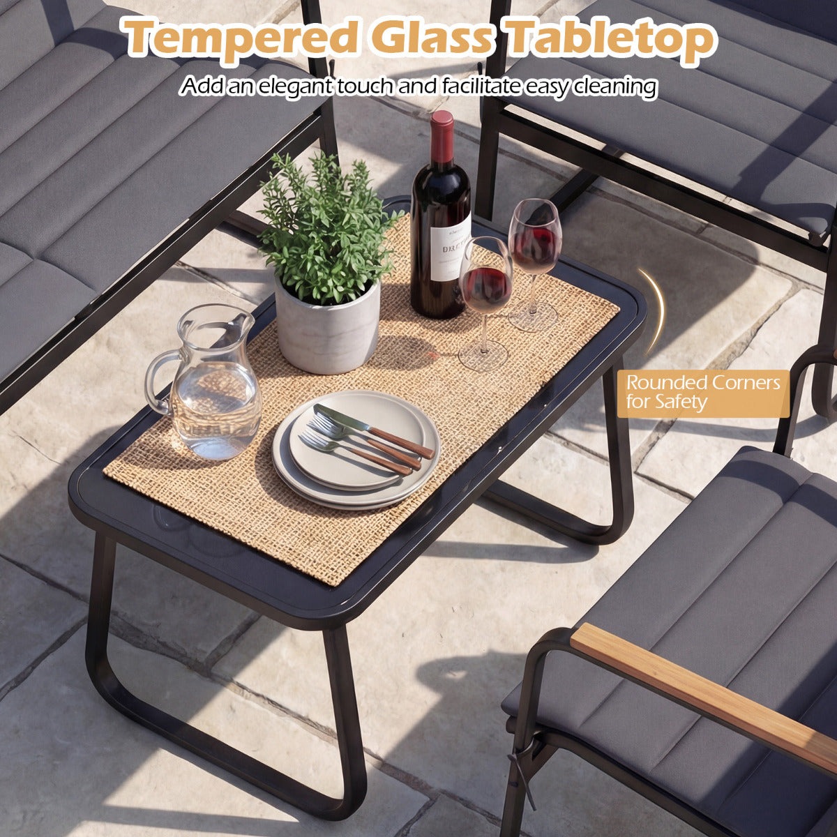4 Pieces Outdoor Furniture Set with Cushions and Tempered Glass Table-Grey