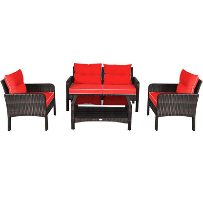 4 Pieces PE Rattan Patio Conversation Set-Red