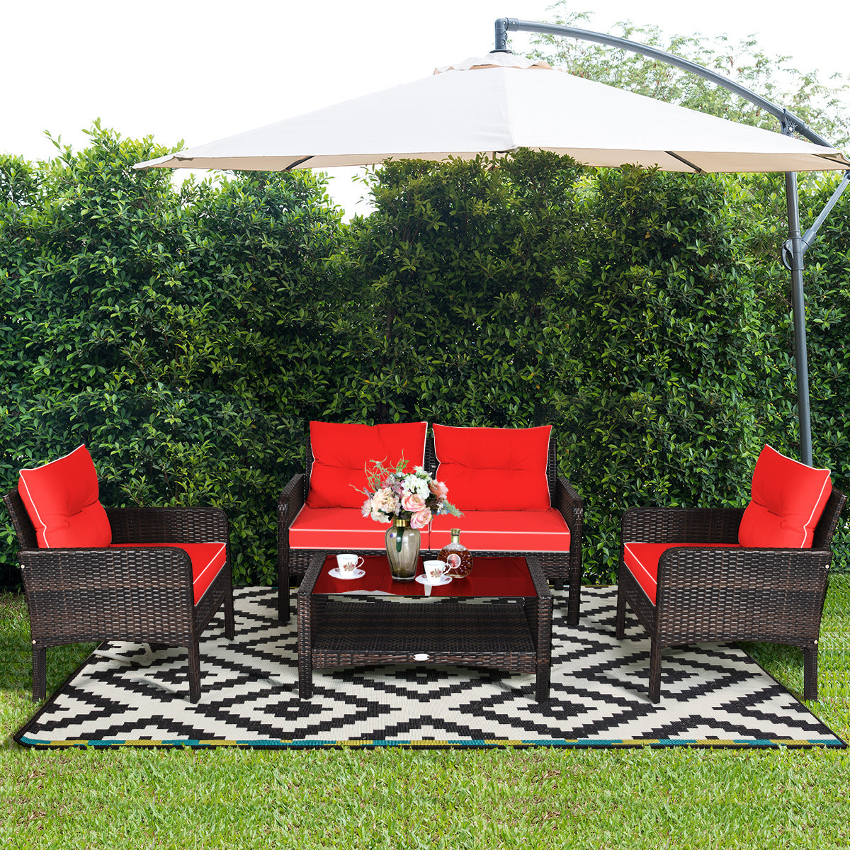 4 Pieces PE Rattan Patio Conversation Set-Red