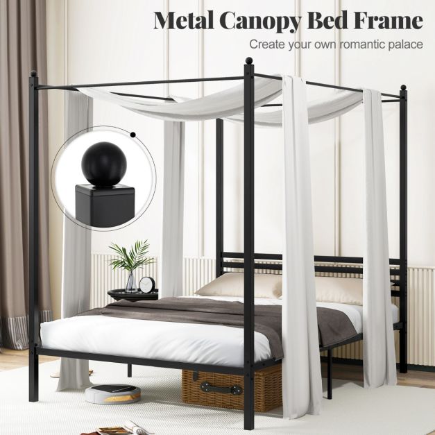 4-Poster Metal Platform Bed with Headboard and Under-Bed Storage