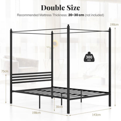 4-Poster Metal Platform Bed with Headboard and Under-Bed Storage