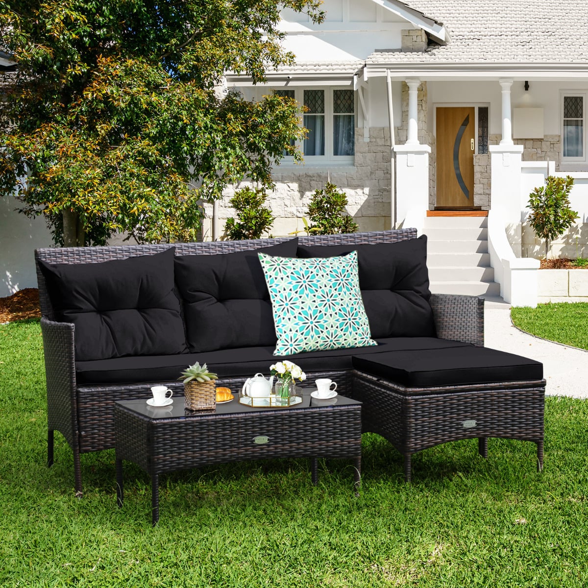 4 Seater Rattan Garden Furniture Set with Cushioned Sofa-Black