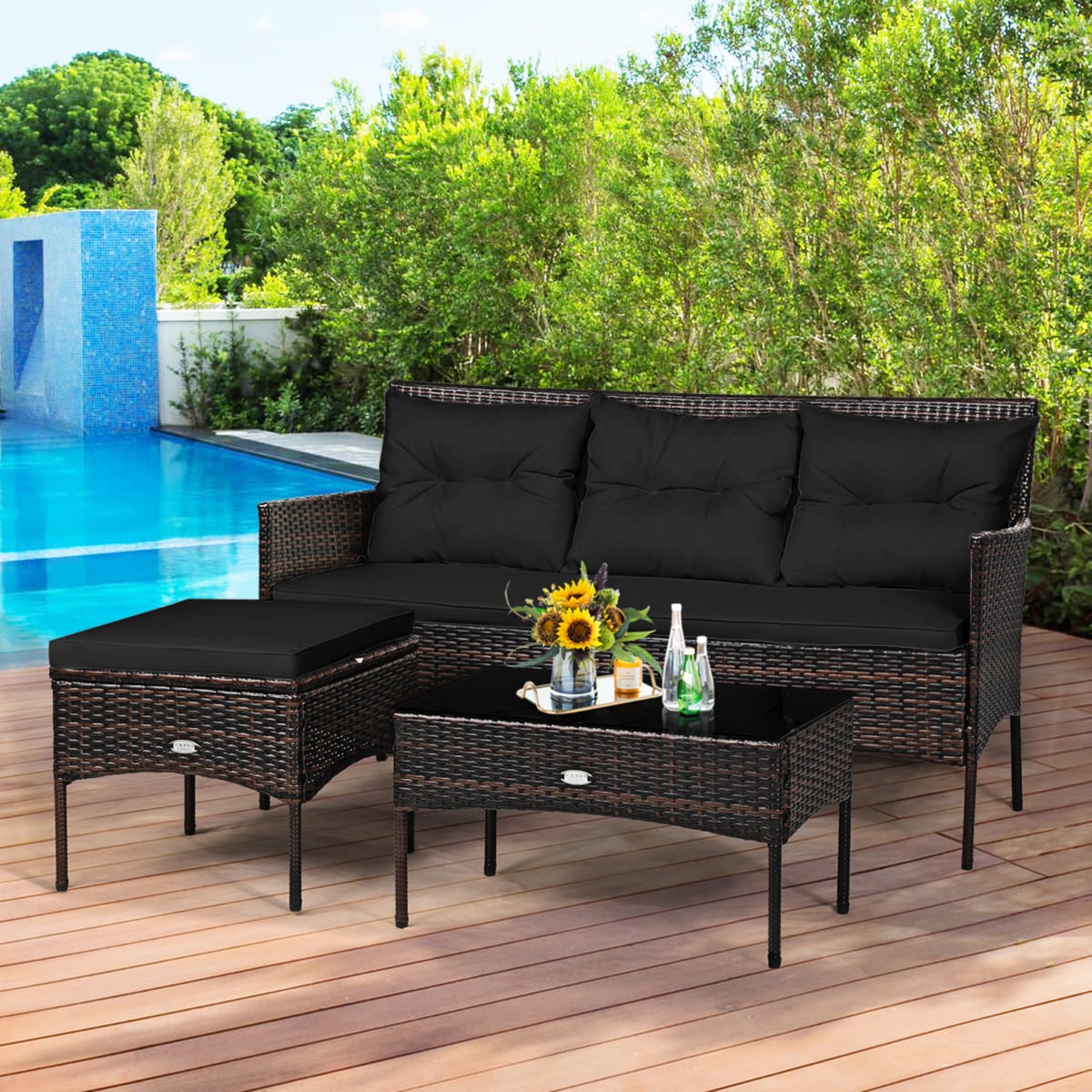 4 Seater Rattan Garden Furniture Set with Cushioned Sofa-Black
