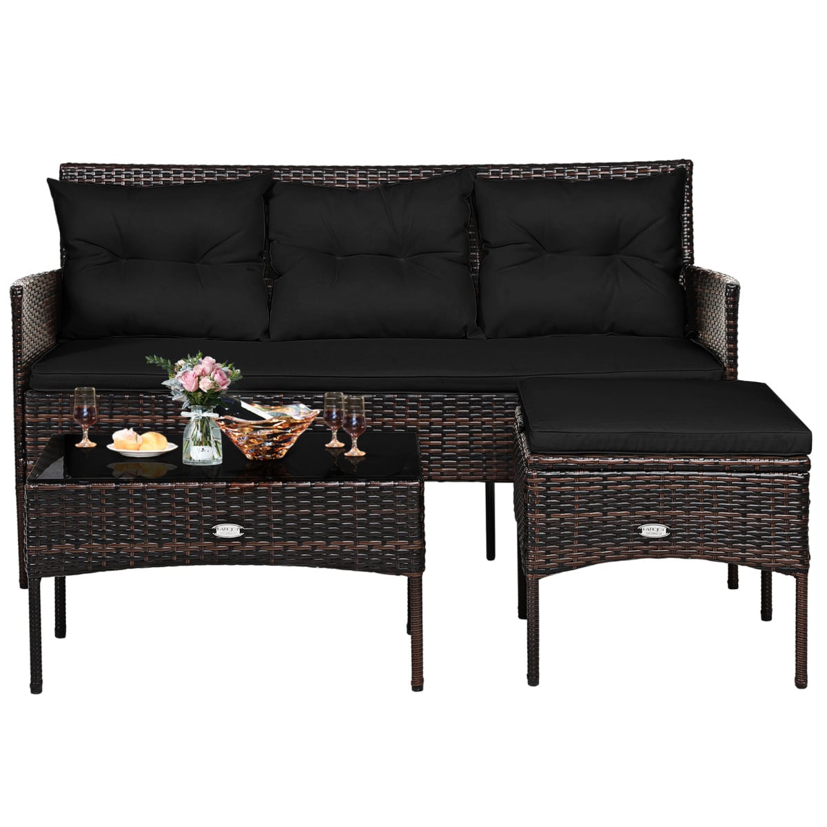 4 Seater Rattan Garden Furniture Set with Cushioned Sofa-Black