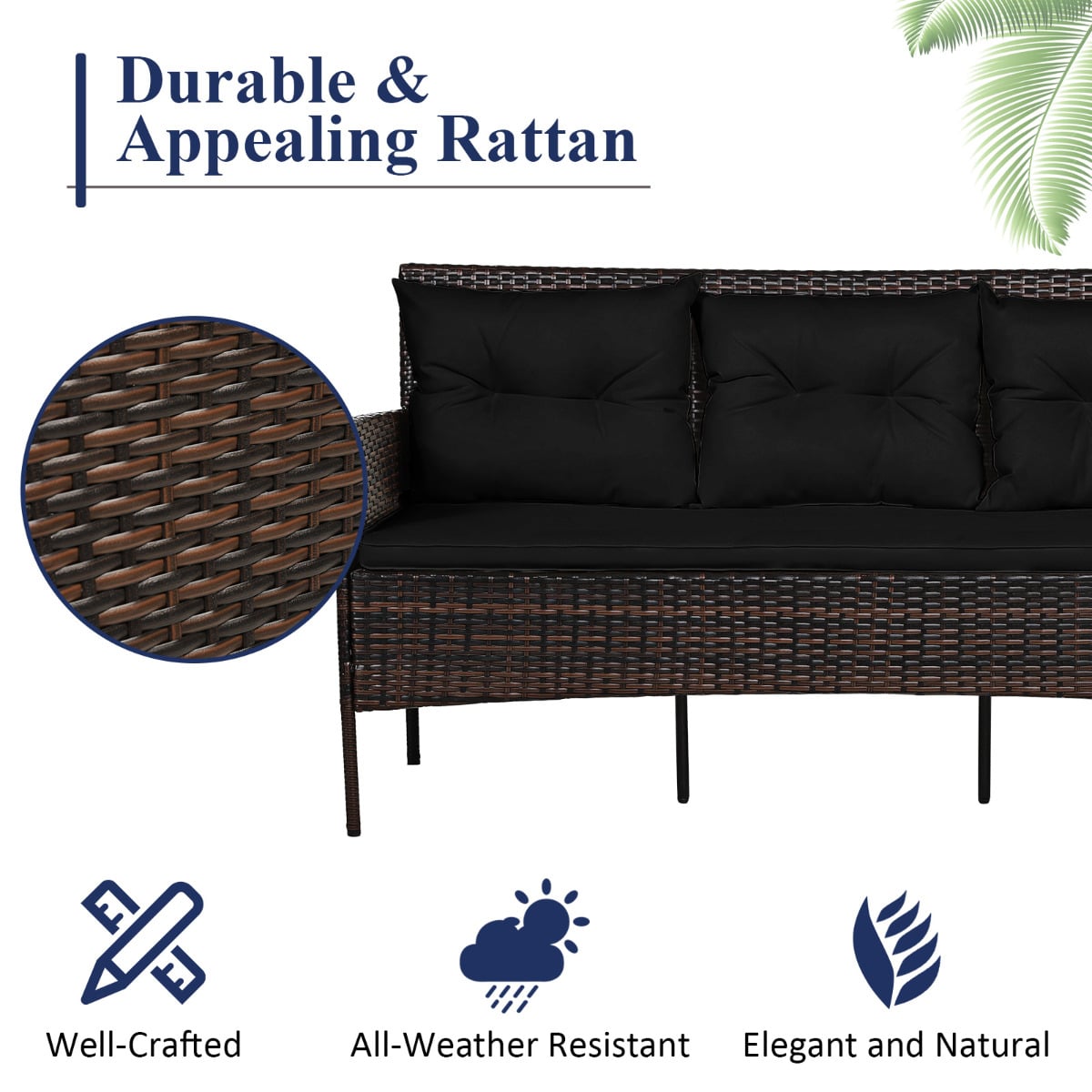 4 Seater Rattan Garden Furniture Set with Cushioned Sofa-Black