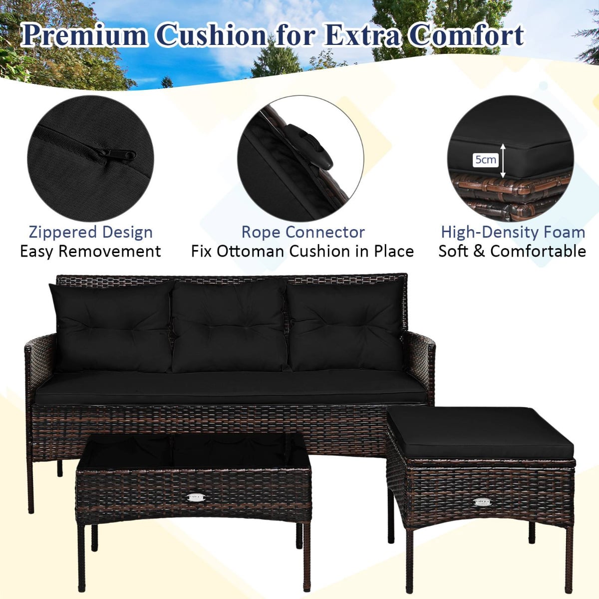 4 Seater Rattan Garden Furniture Set with Cushioned Sofa-Black