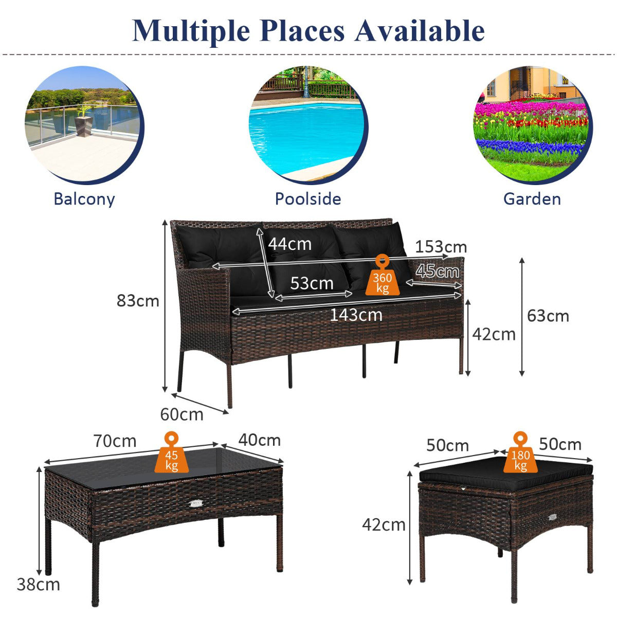 4 Seater Rattan Garden Furniture Set with Cushioned Sofa-Black