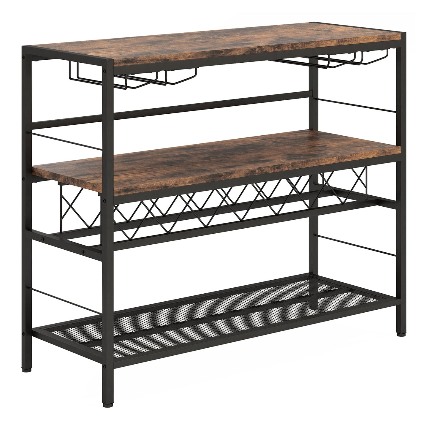 41 Inch 4-Tier Bar Table with Wine Rack and 4 Rows of Glass Holders-Rustic Brown