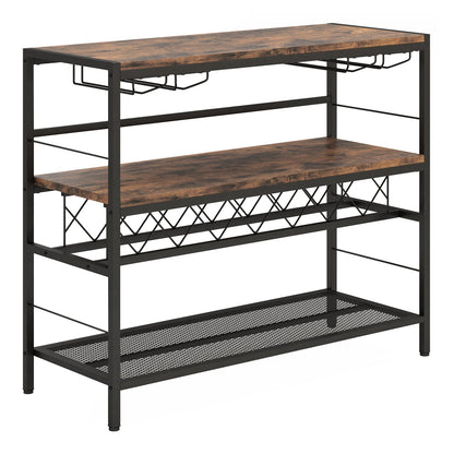 41 Inch 4-Tier Bar Table with Wine Rack and 4 Rows of Glass Holders-Rustic Brown