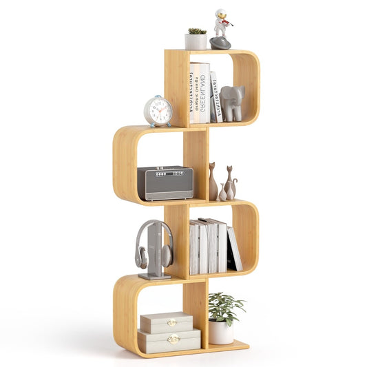 S-Shaped Bookcase Bamboo Bookshelf with 2 Open Cubes-4-Tier