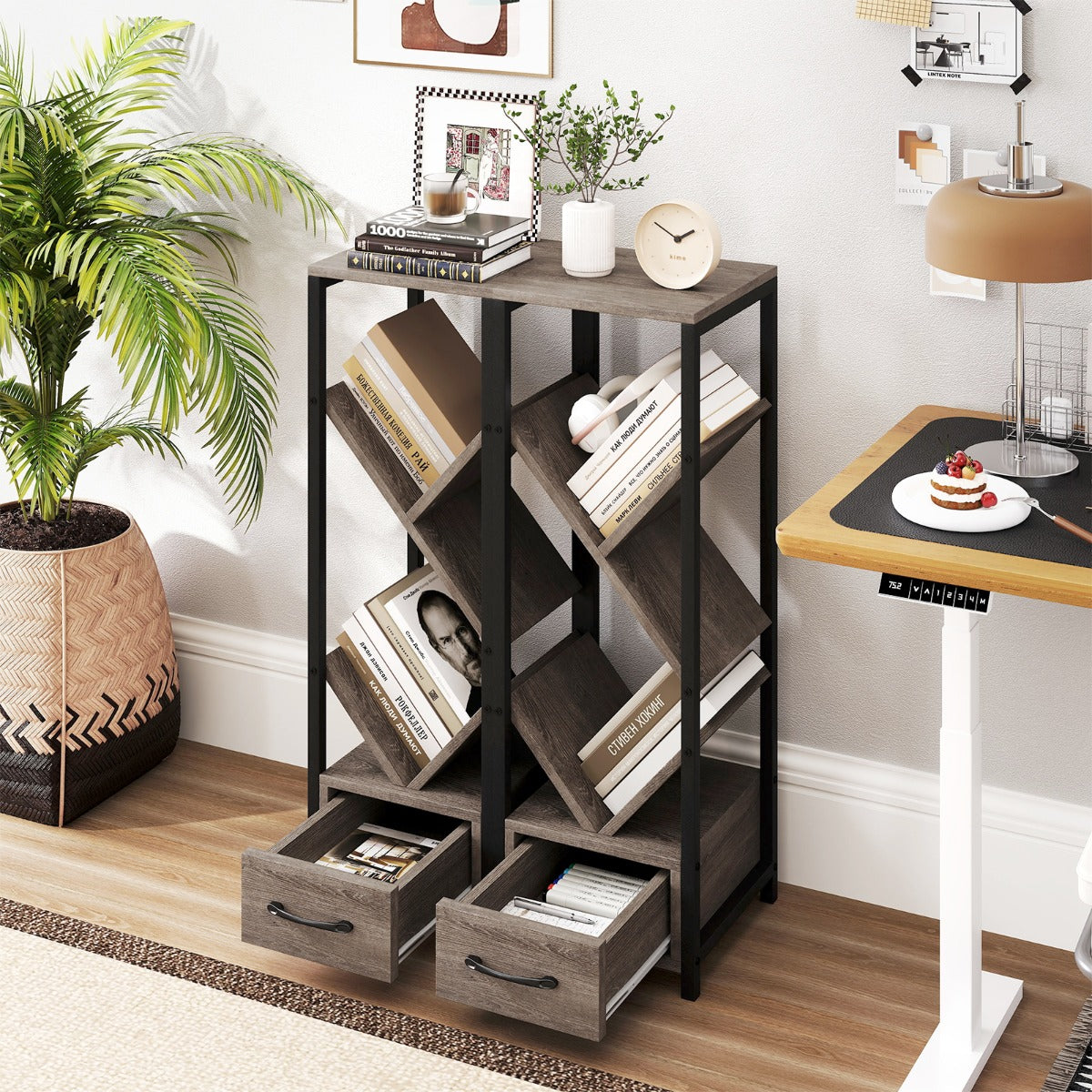 4 Tier Floor Standing Storage Organizer Tree Bookshelf with Drawer-Grey
