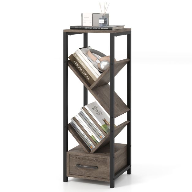 4 Tier Floor Standing Storage Organizer Tree Bookshelf with Drawer-Grey