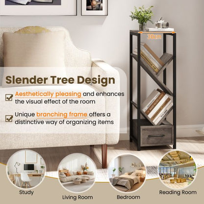 4 Tier Floor Standing Storage Organizer Tree Bookshelf with Drawer-Grey