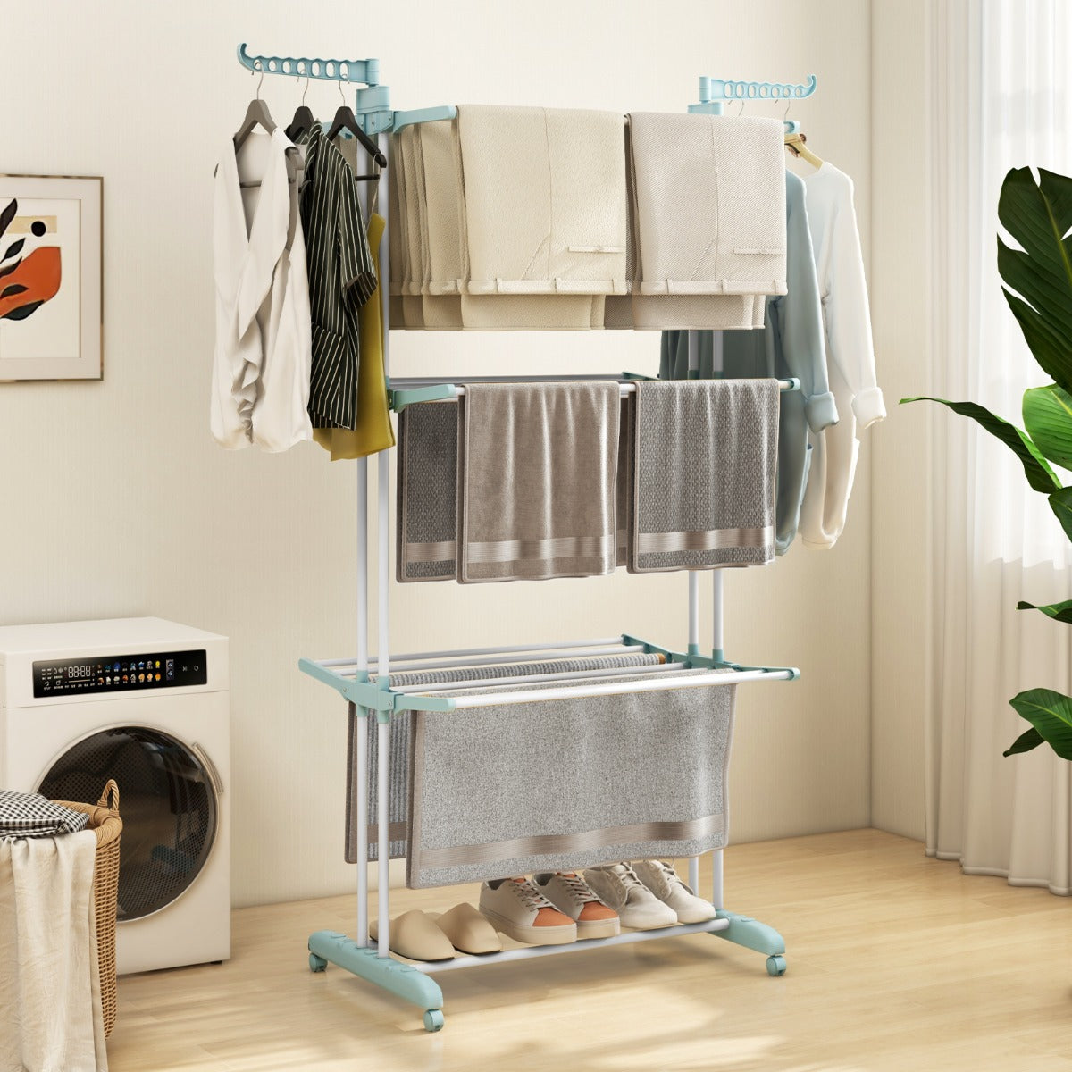 4-Tier Foldable Airer Clothes Drying Rack with Wings and Casters-Navy