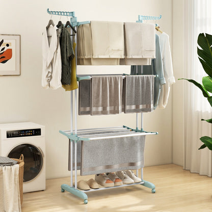 4-Tier Foldable Airer Clothes Drying Rack with Wings and Casters-Navy