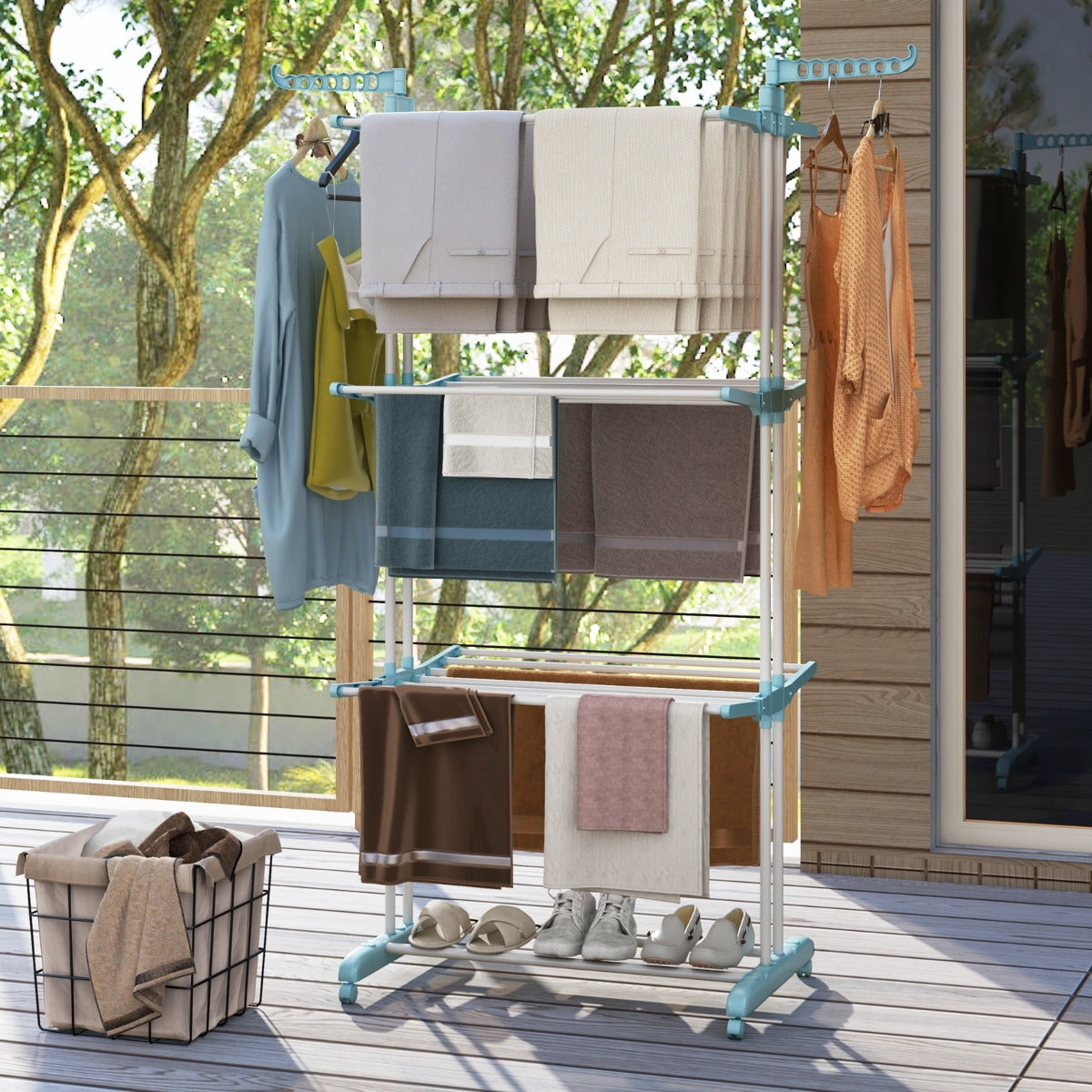 4-Tier Foldable Airer Clothes Drying Rack with Wings and Casters-Navy