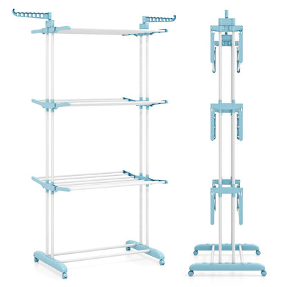 4-Tier Foldable Airer Clothes Drying Rack with Wings and Casters-Navy