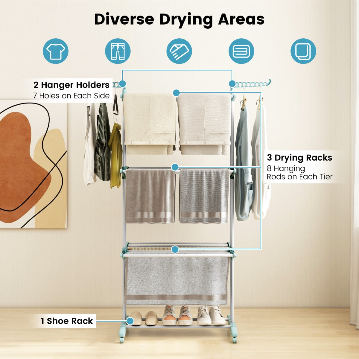 4-Tier Foldable Airer Clothes Drying Rack with Wings and Casters-Navy