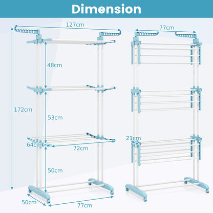 4-Tier Foldable Airer Clothes Drying Rack with Wings and Casters-Navy