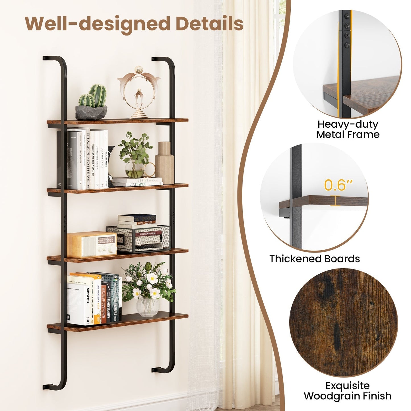 4-Tier Industrial Pipe Shelving with Metal Frame for Living Room Kitchen-Rustic Brown