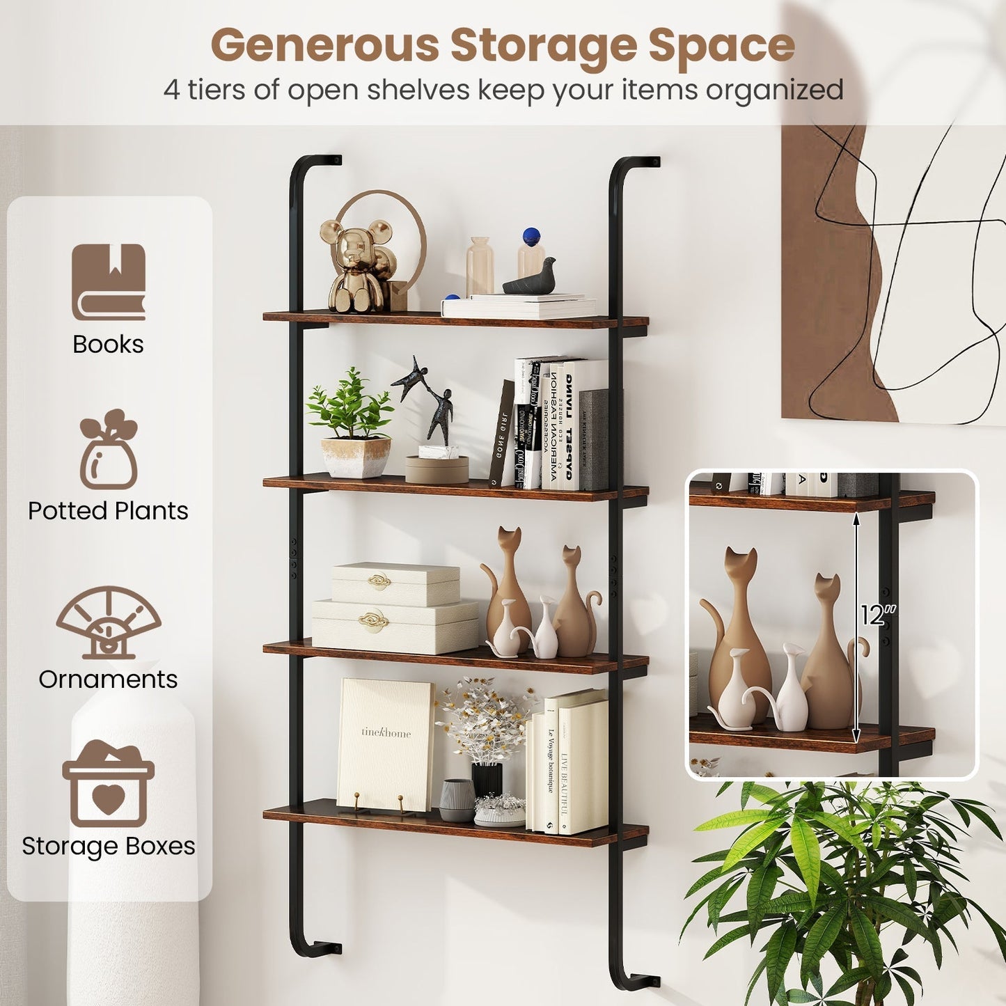 4-Tier Industrial Pipe Shelving with Metal Frame for Living Room Kitchen-Rustic Brown