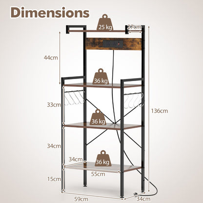 4-Tier Kitchen Bakers Rack with Power Outlet and 8 S-Hooks-Rustic Brown