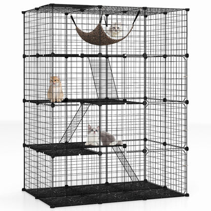 4 Tier Large Cat Enclosure with Comfy Hammock Ladders and Doors-Black