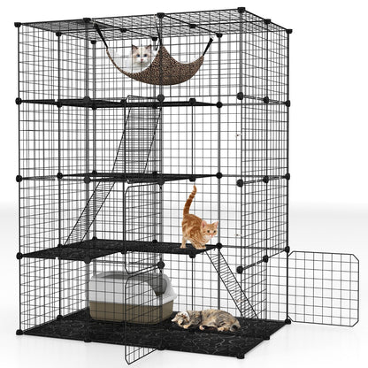 4 Tier Large Cat Enclosure with Comfy Hammock Ladders and Doors-Black