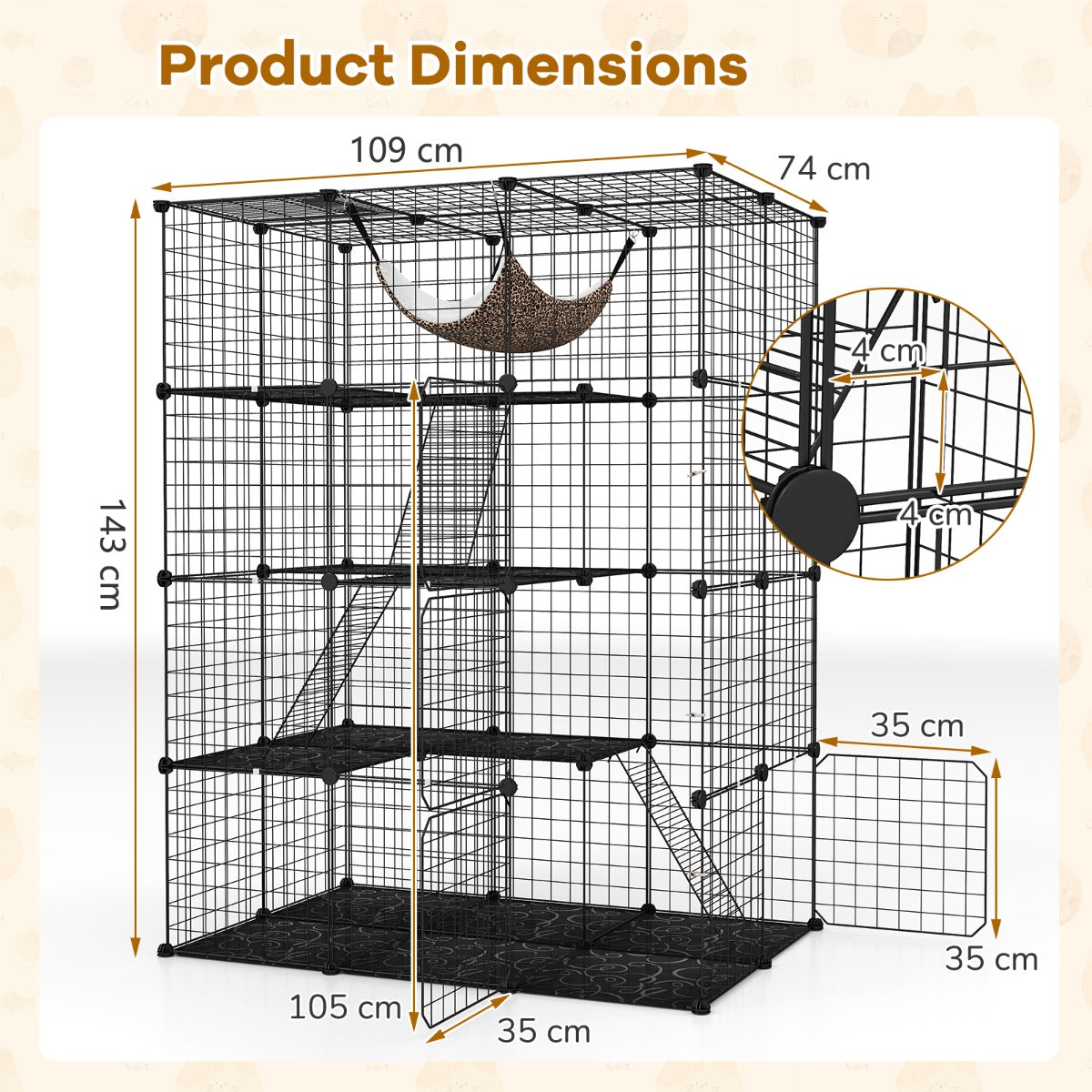 4 Tier Large Cat Enclosure with Comfy Hammock Ladders and Doors-Black