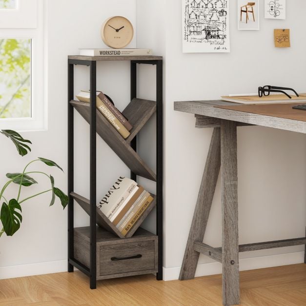 4 Tier Floor Standing Tree Bookshelf with Drawer for Small Space-Grey