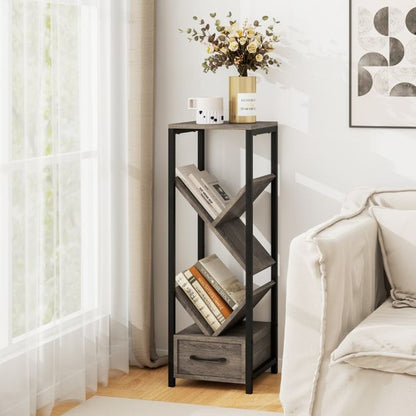 4 Tier Floor Standing Tree Bookshelf with Drawer for Small Space-Grey